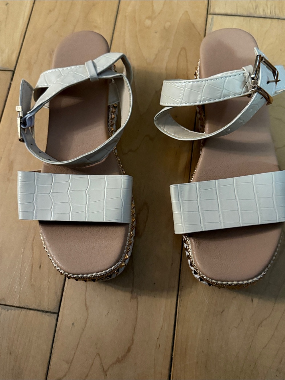 Women's Cream Croc-Embossed Ankle-Strap Sandals